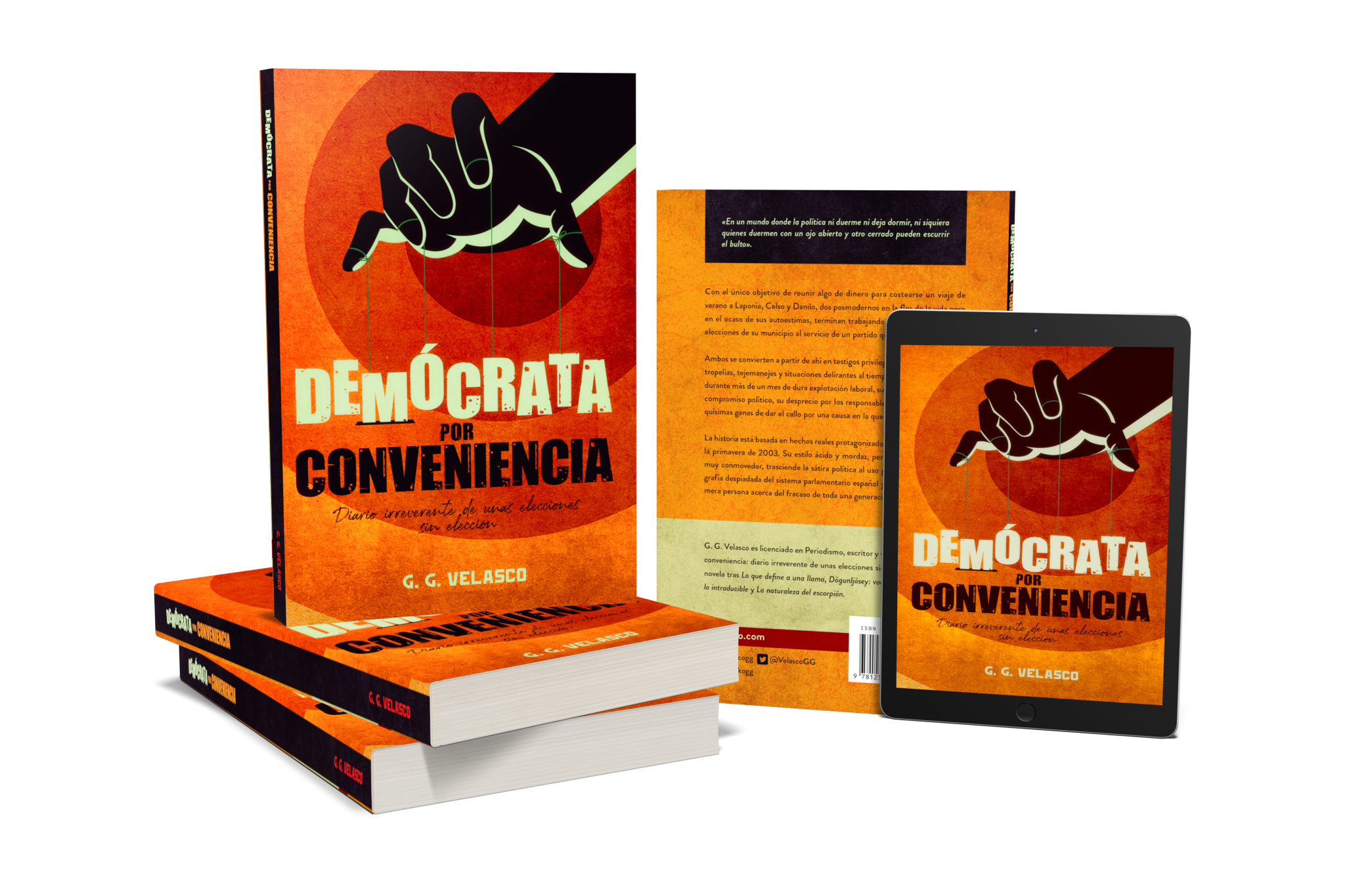 Pack promocional de la novela Democrata por Conveniencia del escritor G. G. Velasco